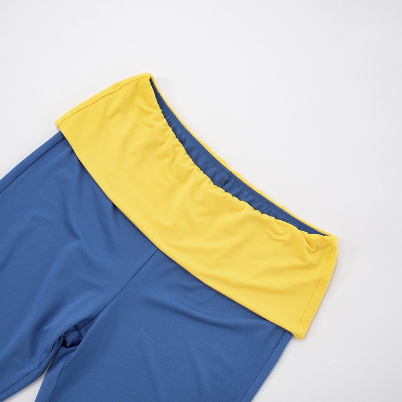 Women Contrast Raglan Long Sleeve Top and Folded Flared Trousers Two-Piece Set 23