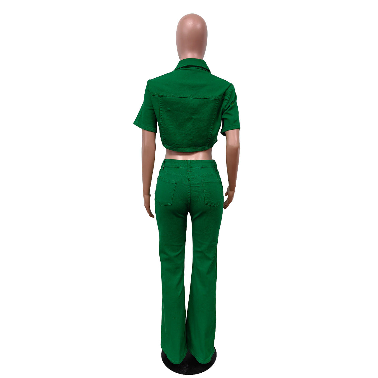 Spring And Summer Denim Short Sleeve Suit Solid Color Jacket Bell Bottom Stretch Pants Two Piece Set 23