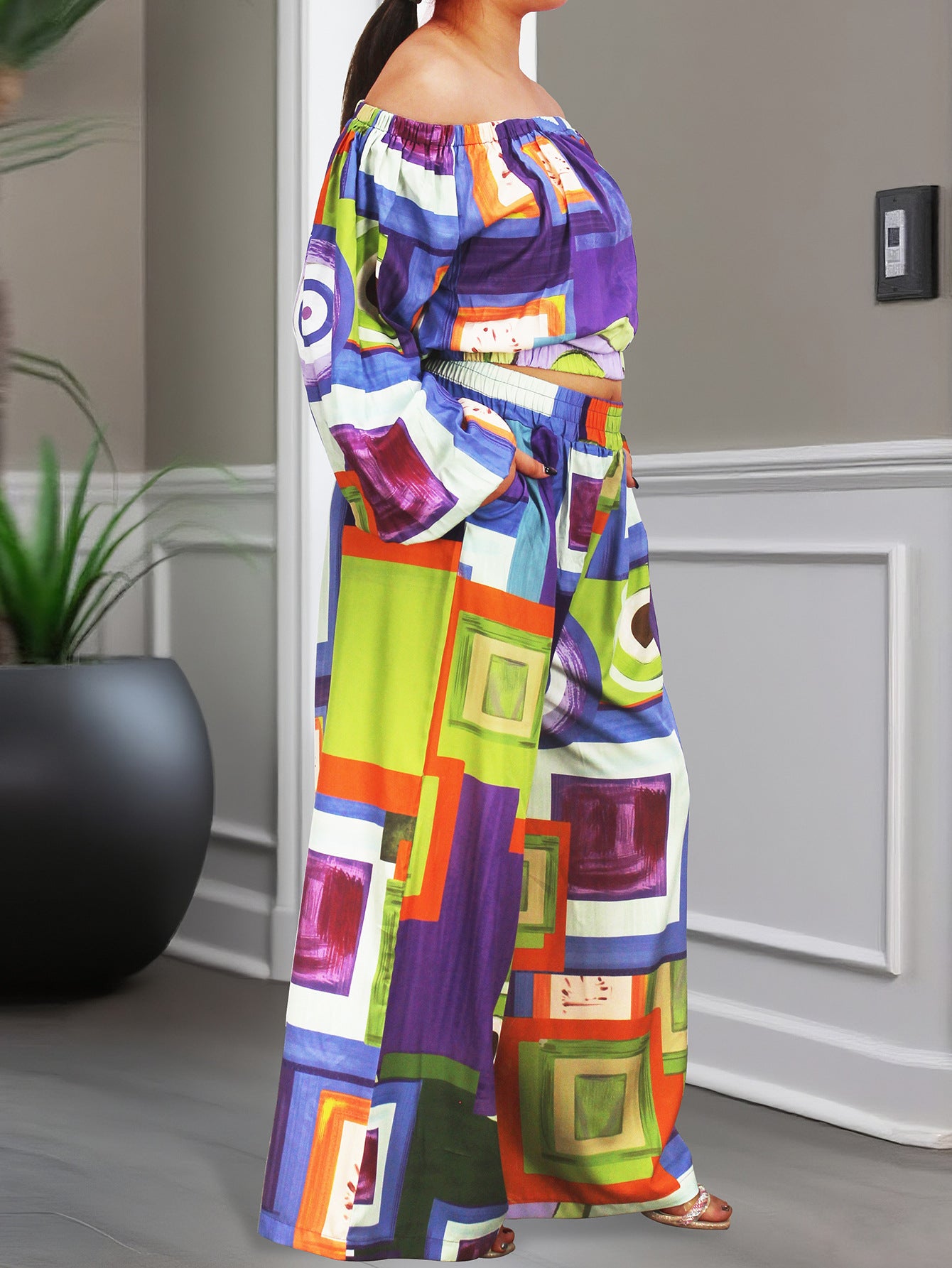 Women's Fashion Elegant Off Shoulder Long Sleeve Top Loose Wide Leg Pants Casual Set