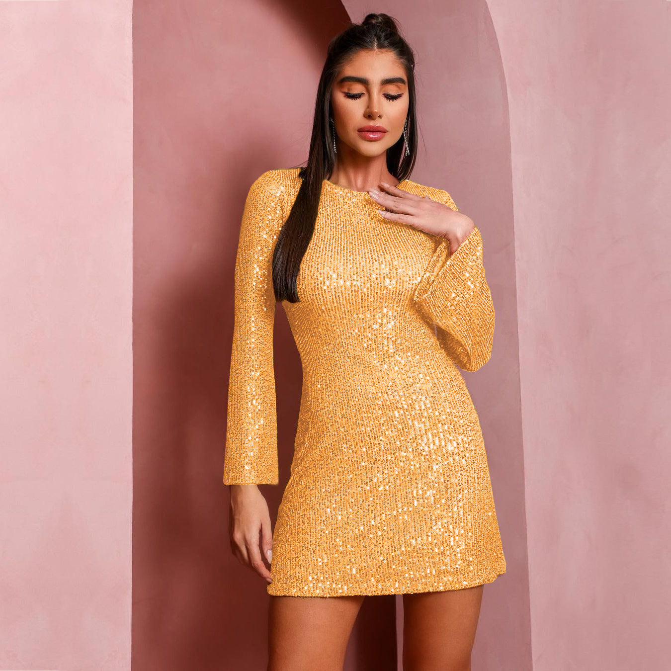 Autumn And Winter Women's Sequin Bell Bottom Sleeve Fashion Casual Dress 5