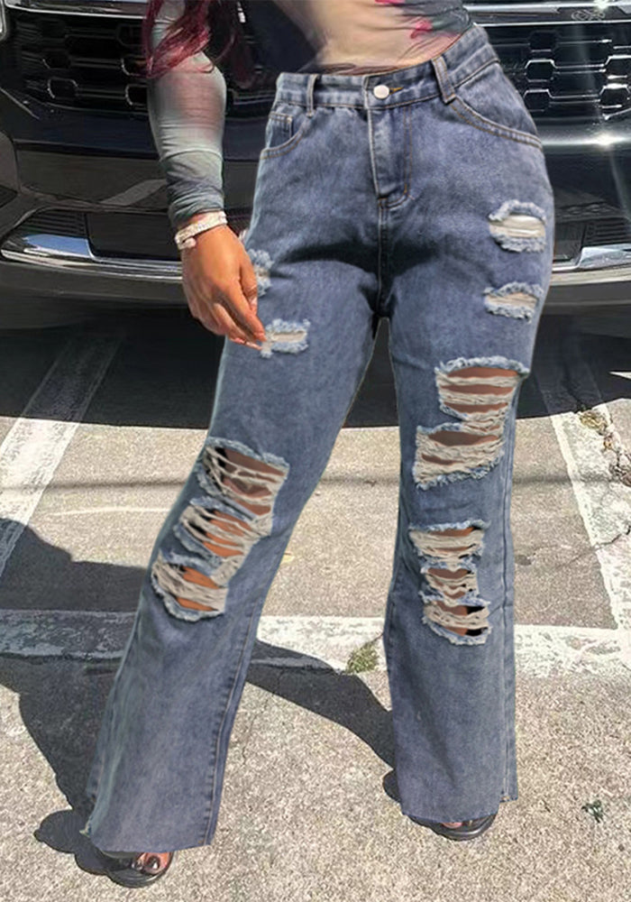 Women Pocket Ripped Straight Washed Denim Pants 3