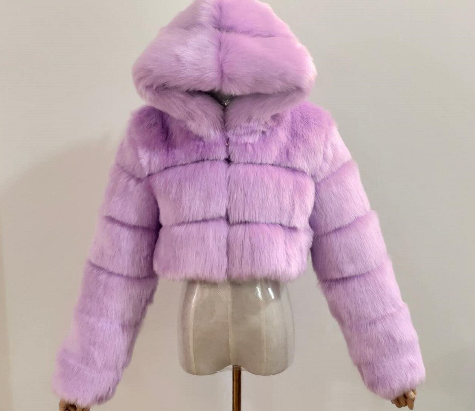 Fur Coat Cropped Hooded Faux Fur Coat Long Sleeve Patchwork Women's Coat 15