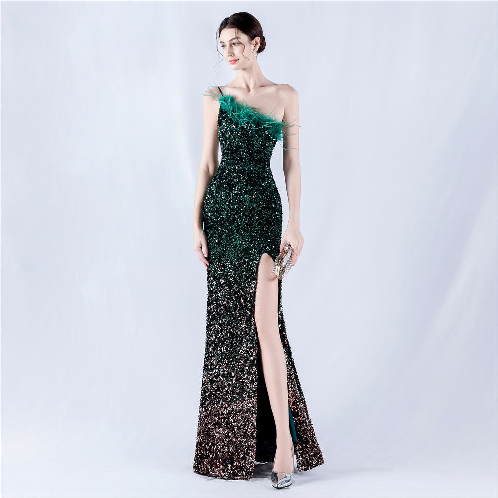 Women Ostrich Feather Beaded Evening Dress 15