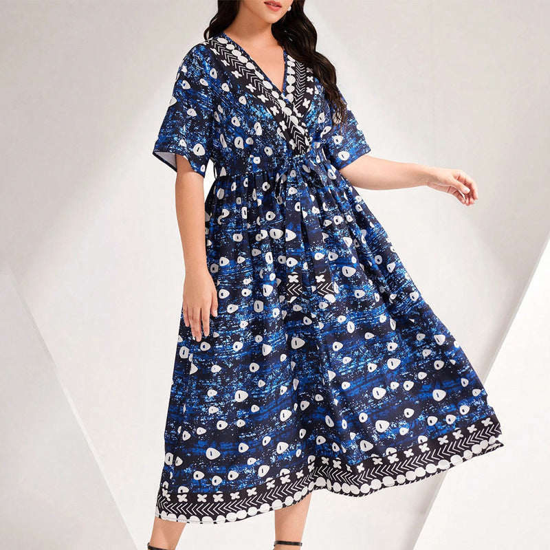 Women Spring Summer Blue Printed V-Neck Lace-Up Dress 6