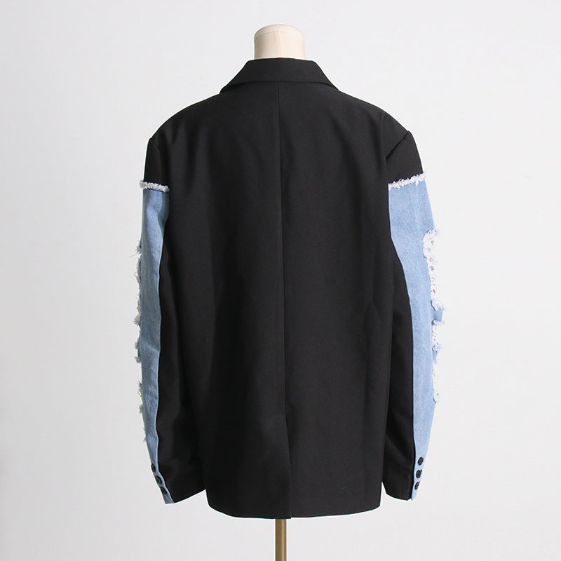 Women's Autumn Contrast Color Denim Patchwork Loose Jacket 11