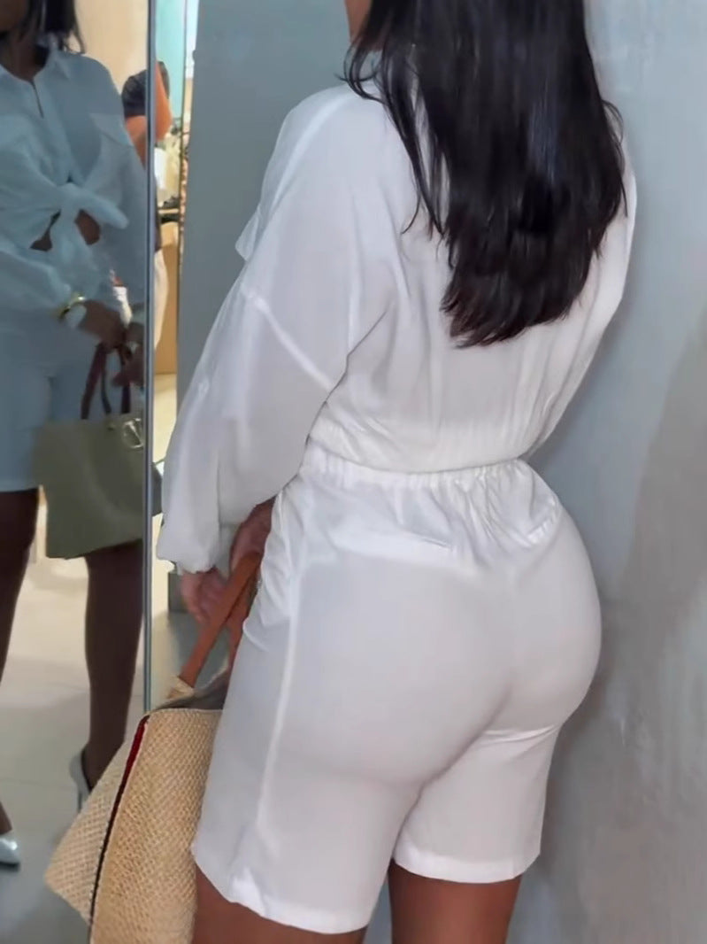 Women's Chic Elegant Solid Color Loose Long Sleeve Open-Waist Shirt & High-Waist Shorts Set