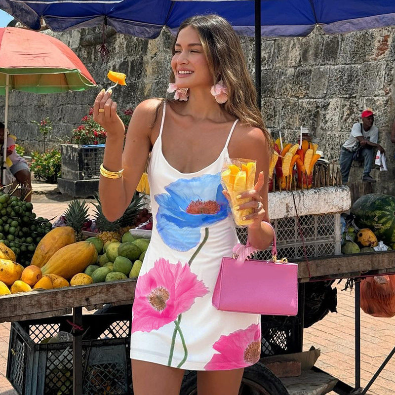 Women Summer U-neck Backless Mesh Print Bodycon Strap Dress 4