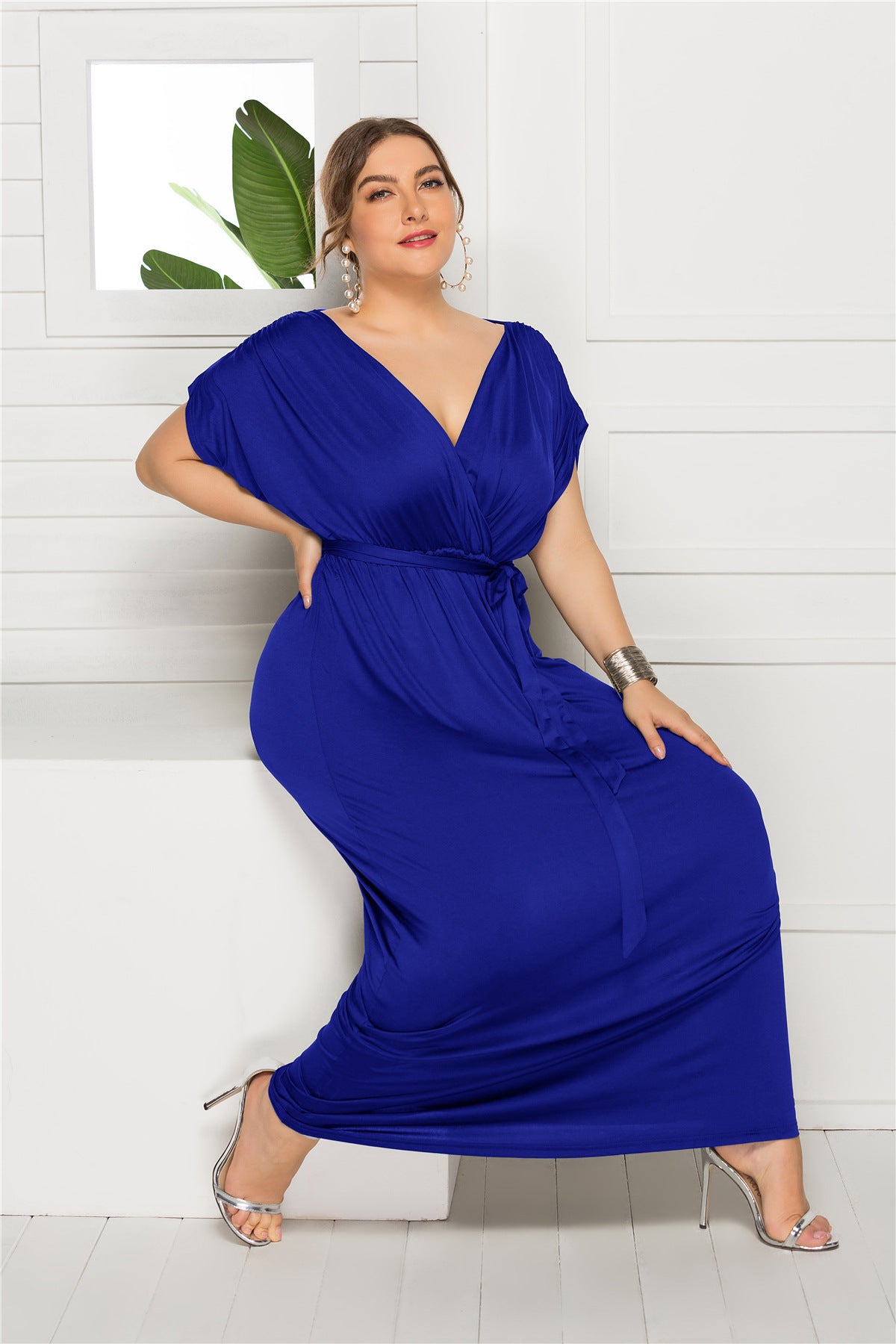 Plus Size Women'S Sexy Solid Color V-Neck Loose Swing Dress 13