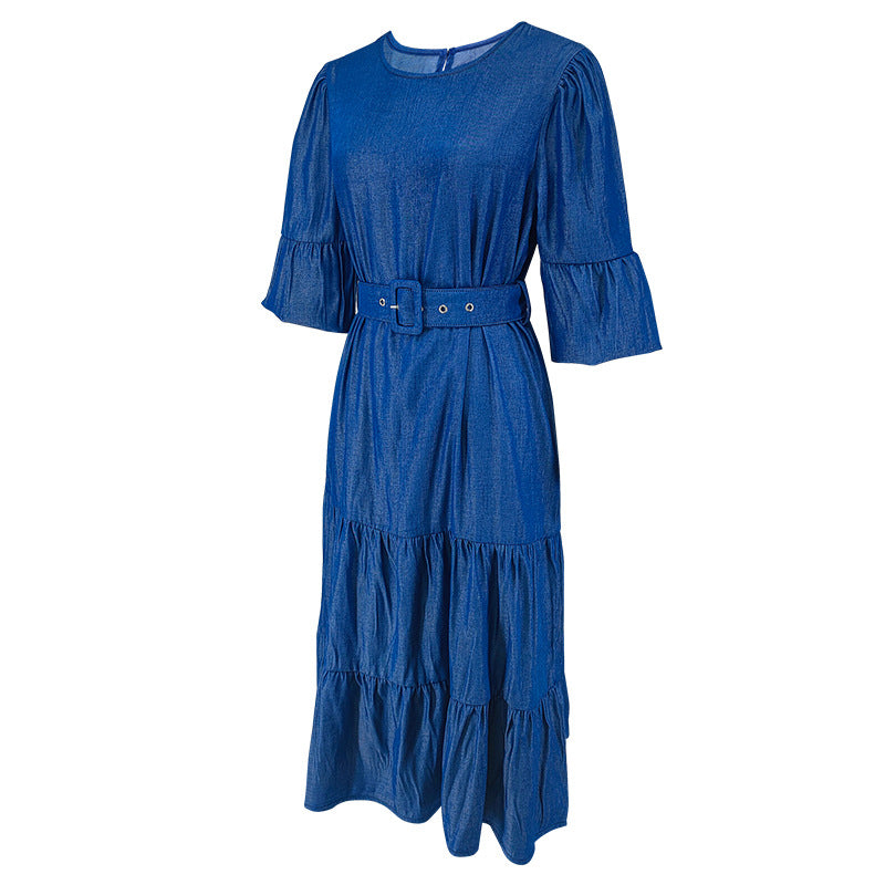 Women's Puff Sleeve Round Neck Fashion Denim Dress 8