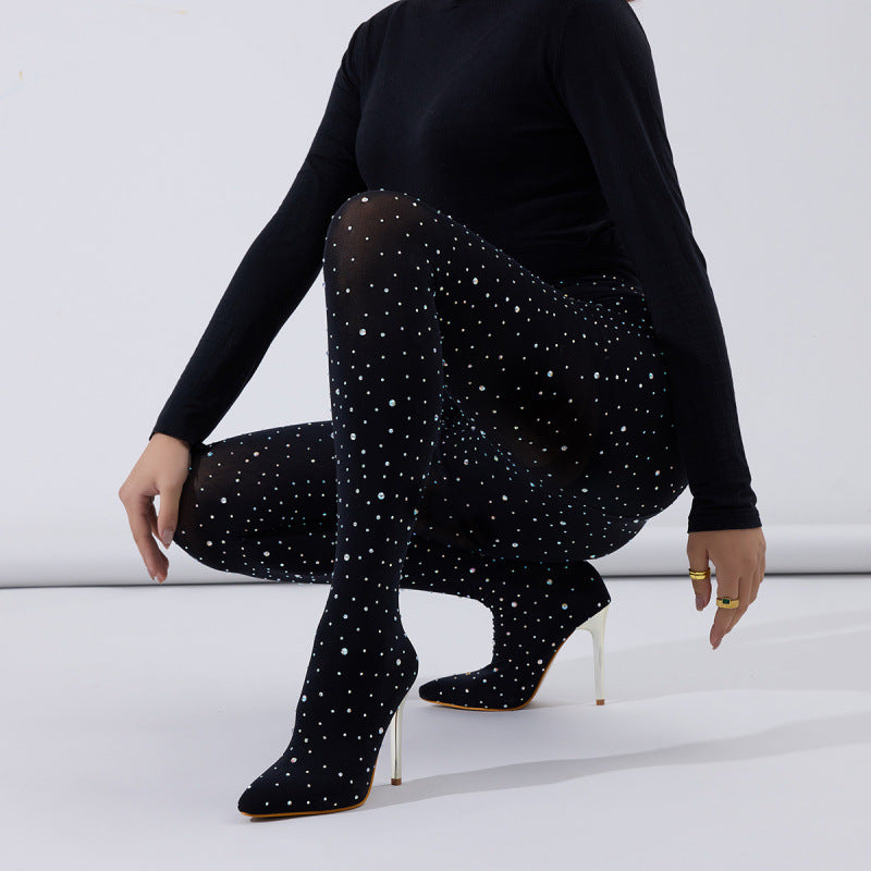 Women Rhinestone High Heel Pointed Trouser Boots