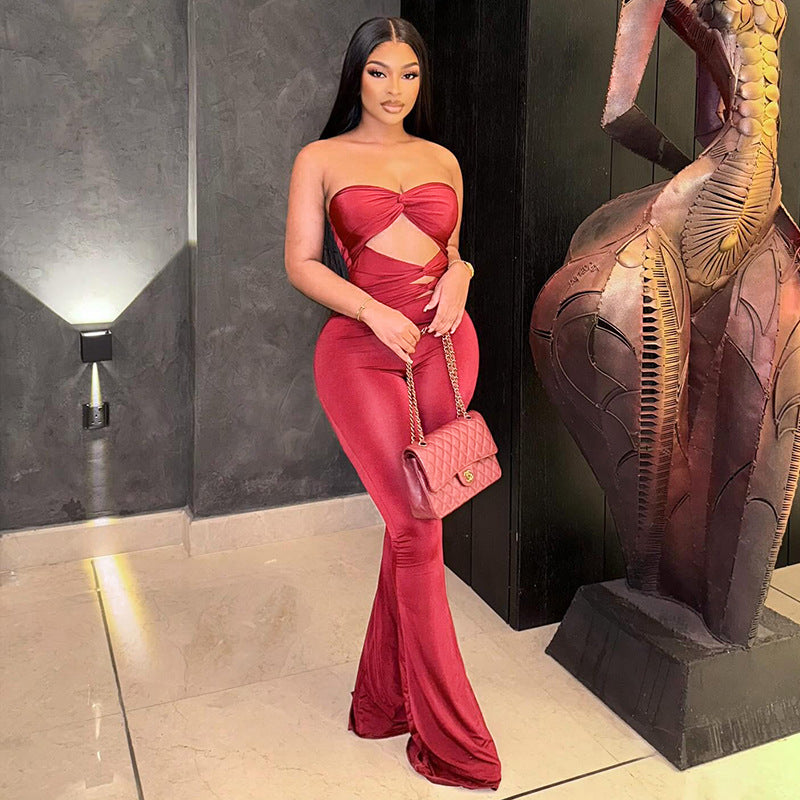 Women's Autumn Solid Color Strapless Sleeveless Hollow-Out Low Back Knot Jumpsuit 4