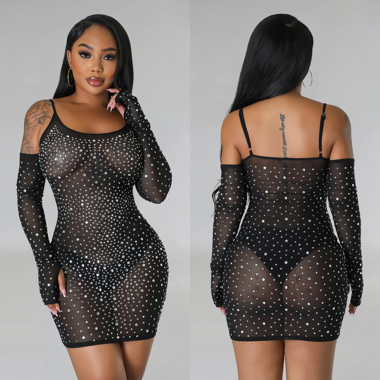 Women's Fashion Solid Color Mesh Beaded See-Through Slip Dress