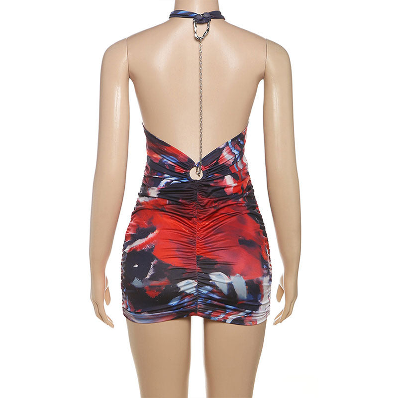 Women Spring Style Contrast Chain Sexy Cutout Halter Neck Bodycon Dress 14