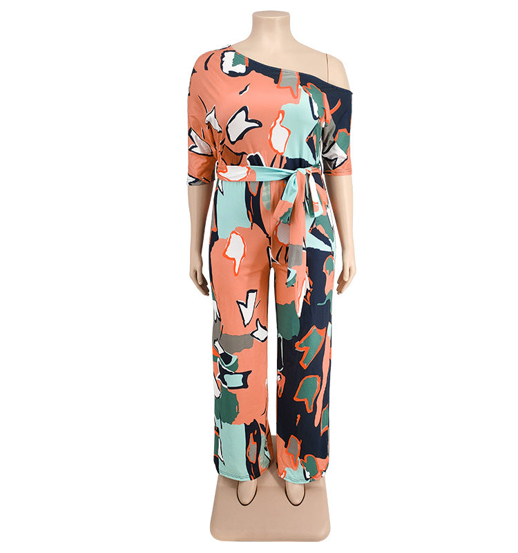Plus Size Women summer Slash Shoulder print Jumpsuit with belt 17