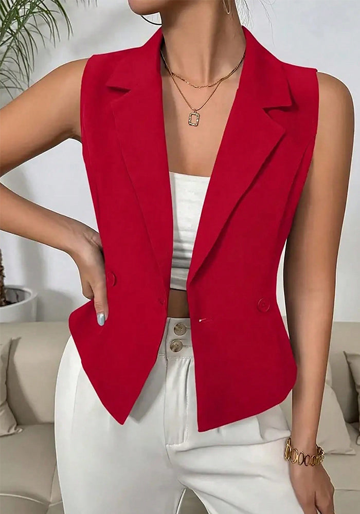 Women's Chic Turndown Collar Two-Button Sleeveless Vest Solid Color Outerwear
