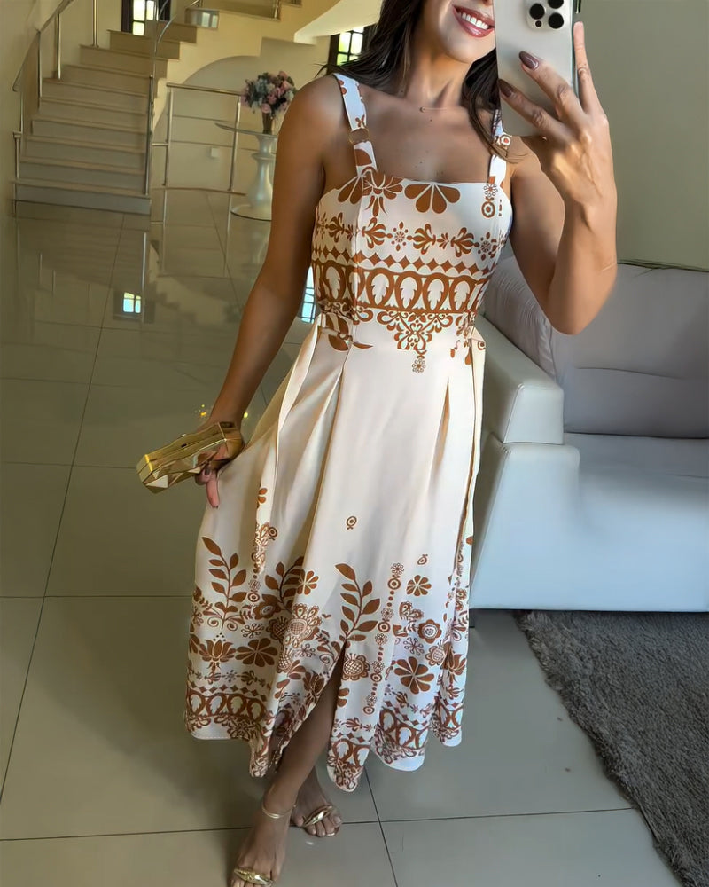 Women Square Neck Print Holidays Maxi Dress