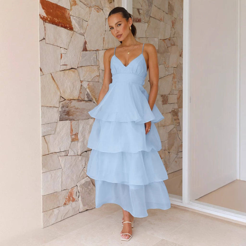 Women sexy Backless suspenders pleated lace dress 6