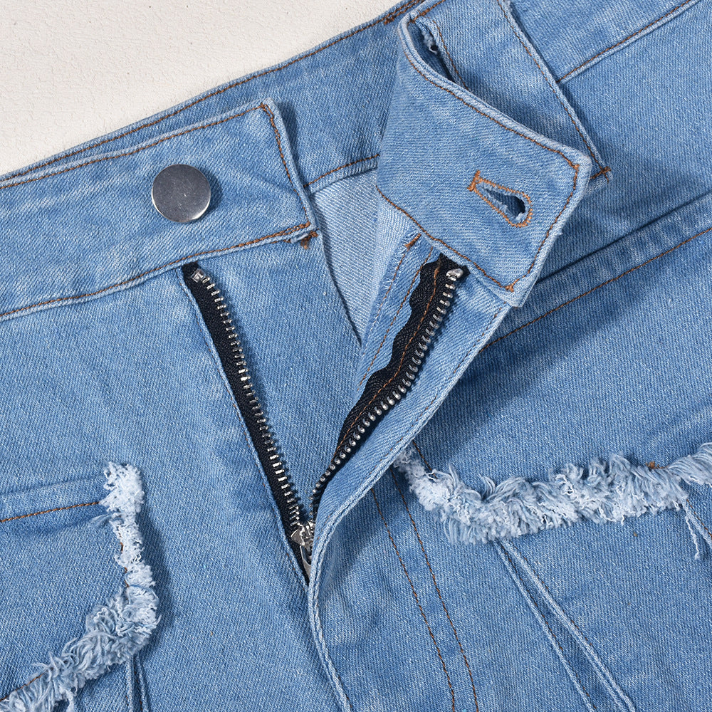 Women's Summer Sexy Fashion Cargo Pocket Shorts Wrapped Denim Bra Top Two Piece Set 14