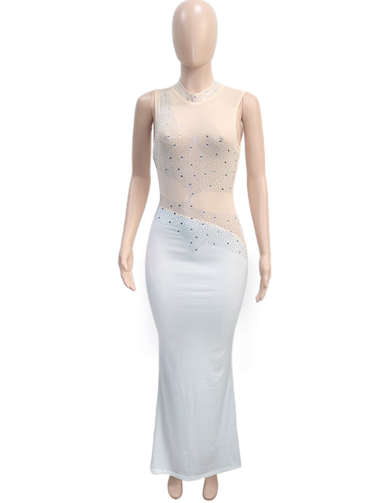 Winter Sexy White Beaded Mesh Patch Sleeveless Evening Dress 5