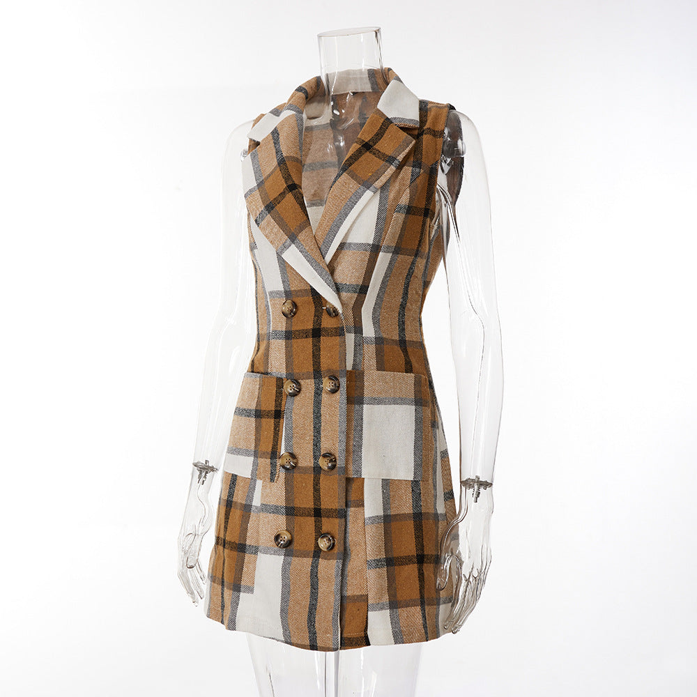 Women's Fashion Plaid Long Vest Turndown Collar Sleeveless Blazer 41