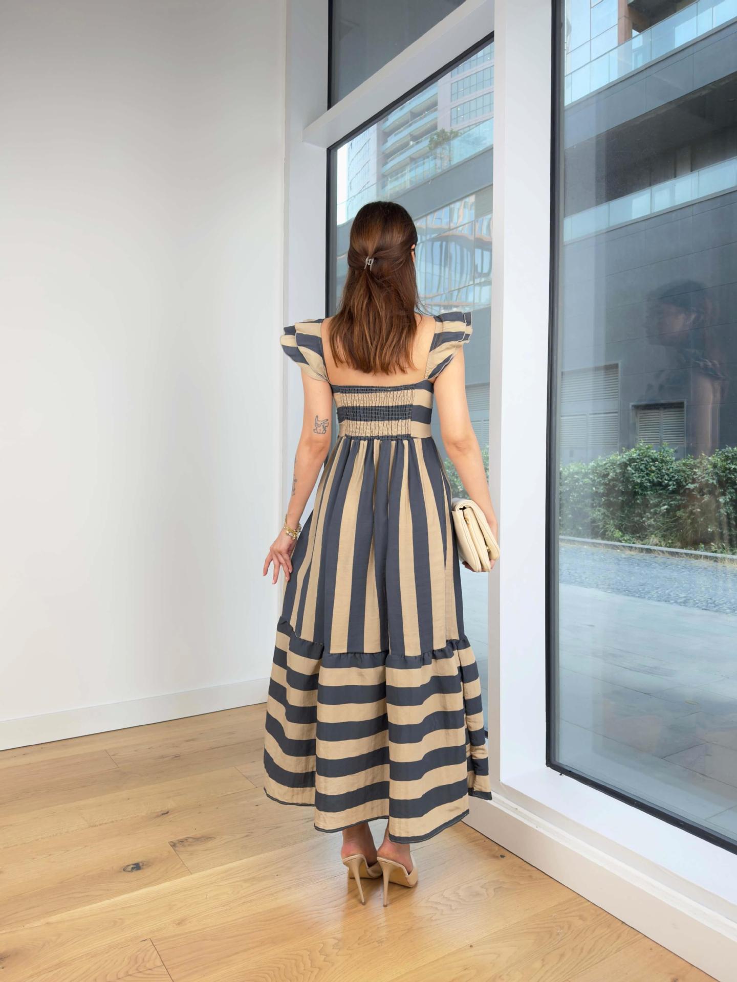 Summer Women elegant Off Shoulder stripe Strap Dress 7