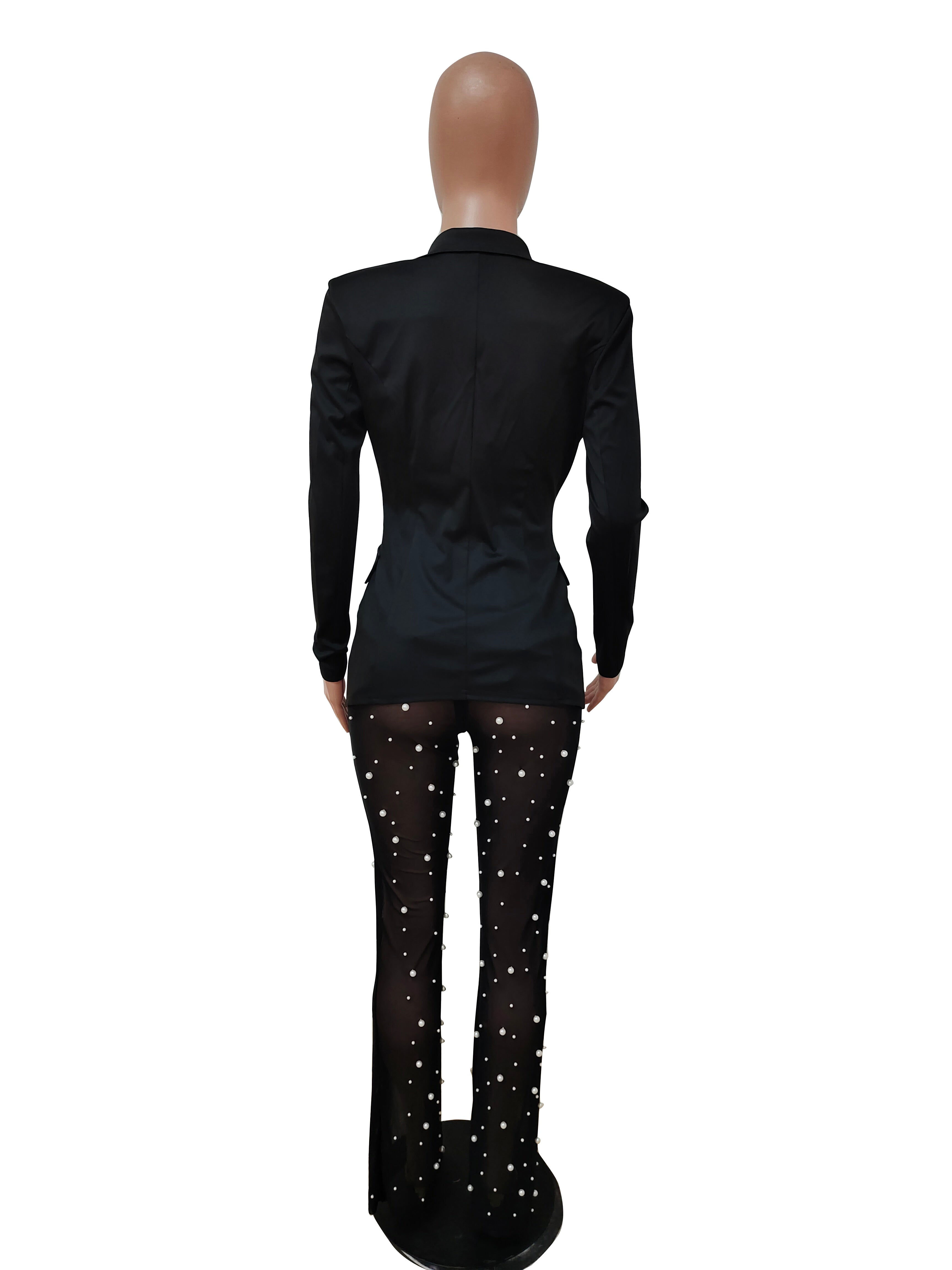 Autumn And Winter Women'S Long Sleeve Blazer Beads Mesh Straight Pants Two Piece Suits 10