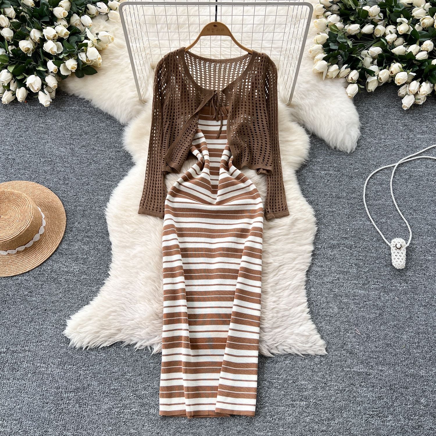 Tie Up Cardigan Low Back Strap Slim Fit Chic Stripes Knitting Dress 5