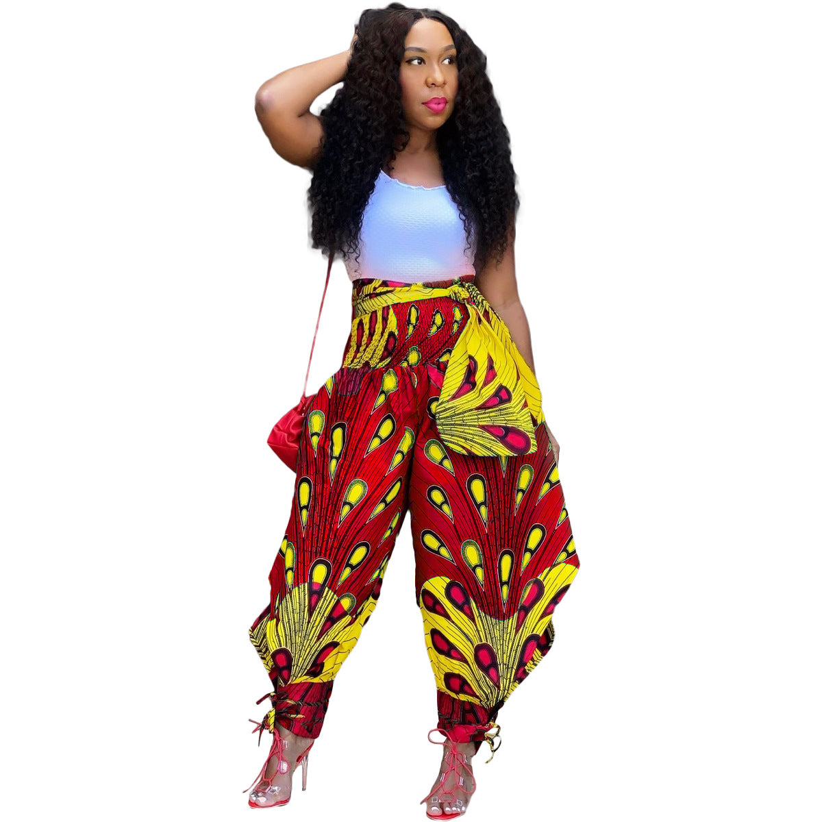 Women's Pants Print Wide-Leg Pants belted Casual Pants 9