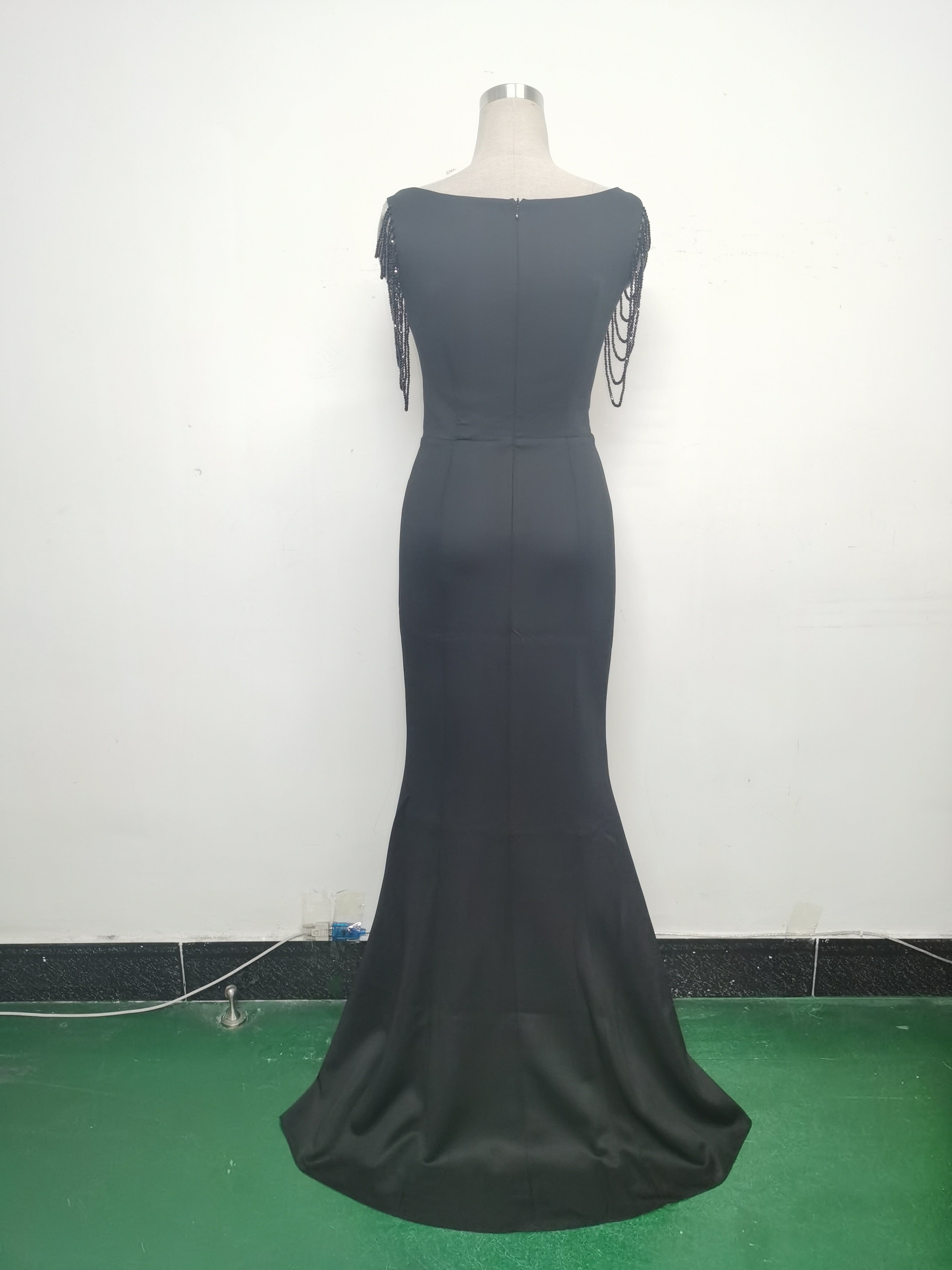 Women Beaded See-Through Mesh Split Evening Dress 36