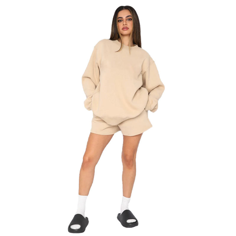 Fall Winter Solid Color Round Neck Pullover Long Sleeve Hoodies Women's Fashion Casual Shorts Two Piece Set 7