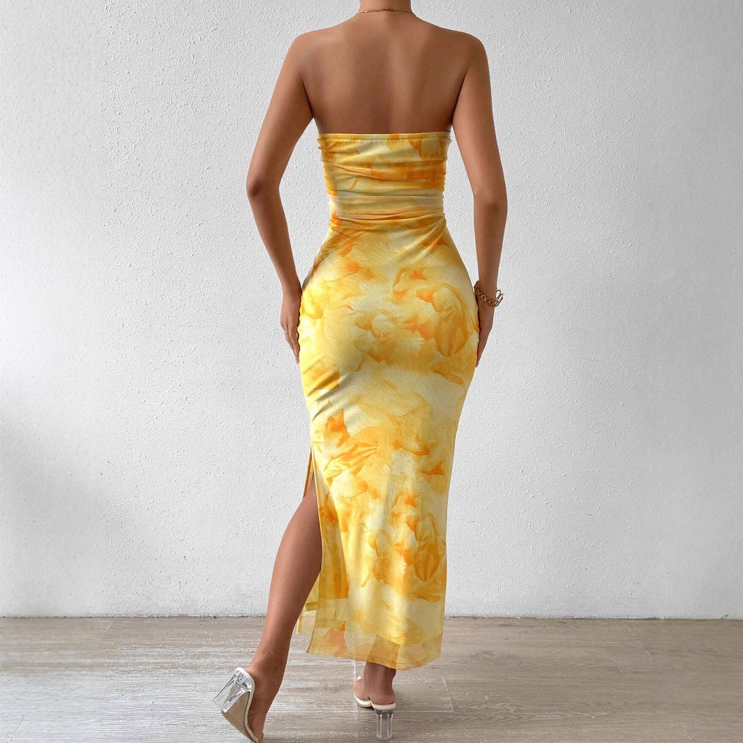 Elegant Strapless Yellow Tie-Dye Printed Side Slit Slim Summer Holidays Dress 5