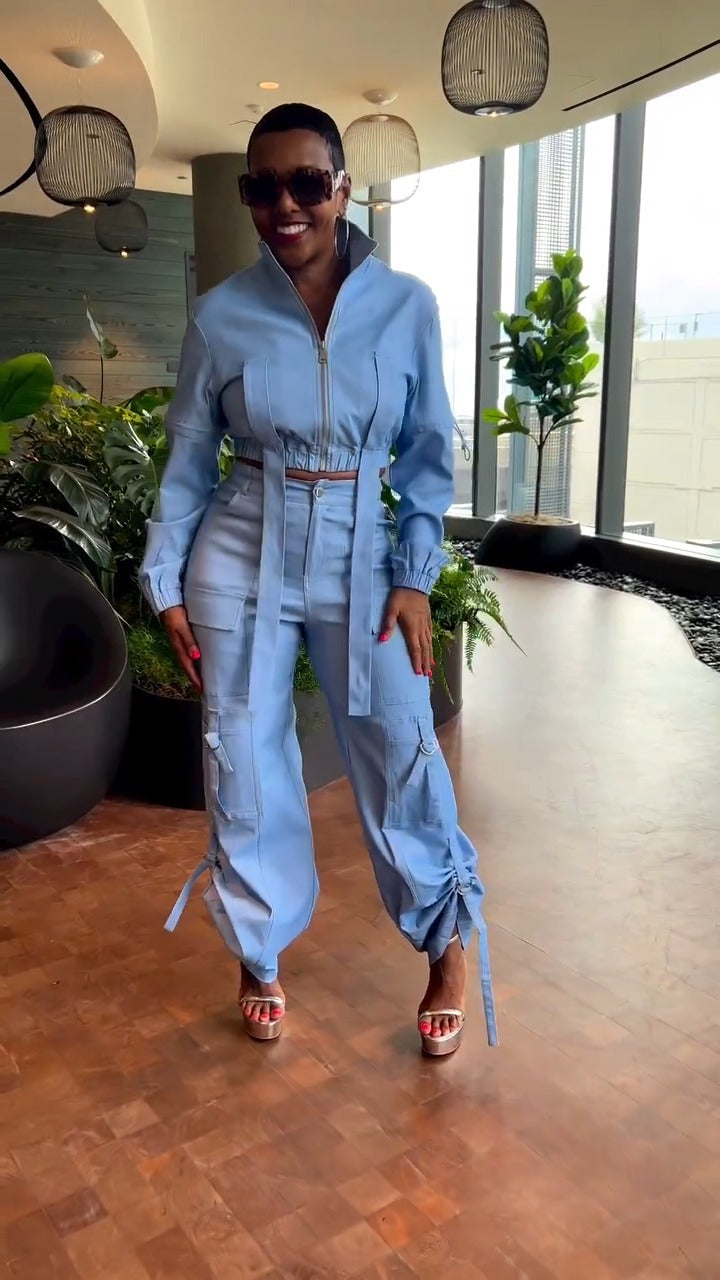 Multi-Pocket Long Sleeve Pleated Cargo Jacket Pants Two-Piece Set 3