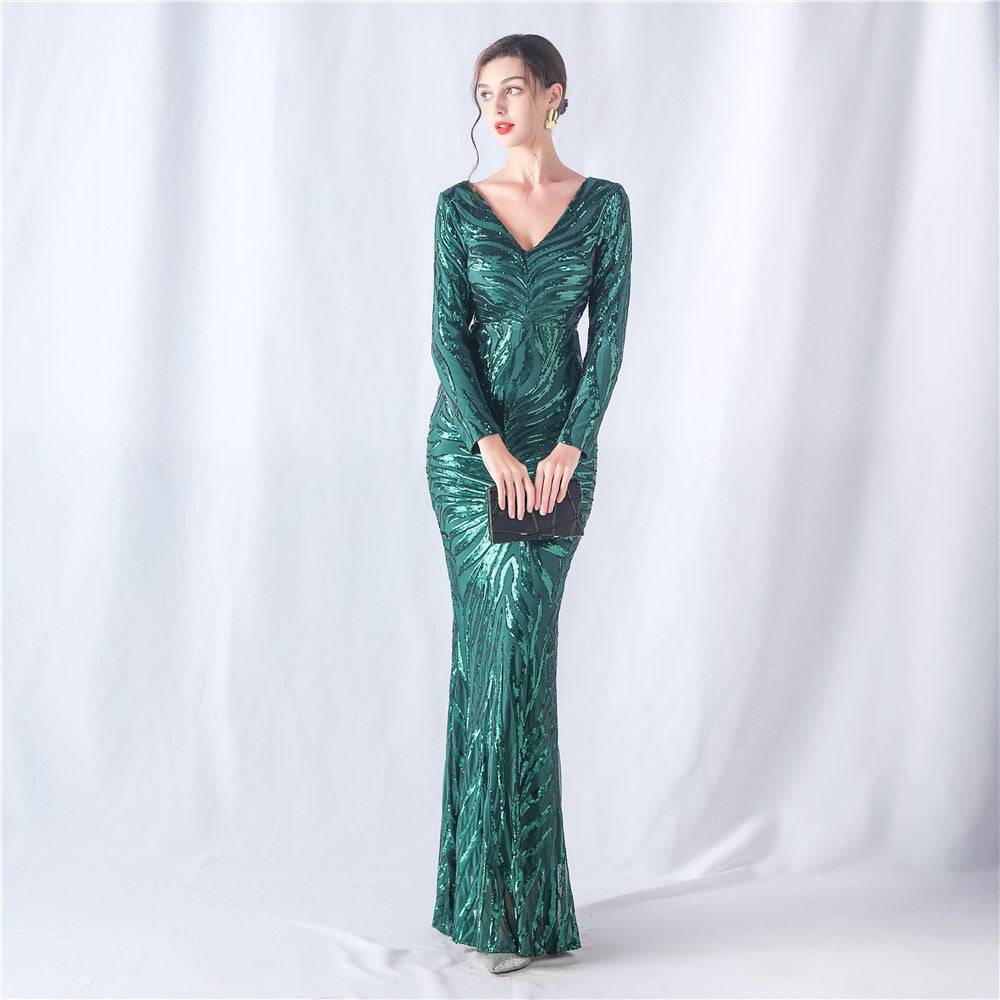 Women colorful sequined long-sleeved evening dress 10