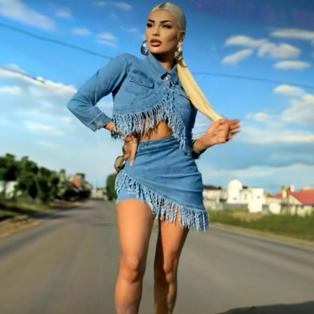 Women Denim Casual Stretchy Tassel Top and Skirt Two-Piece Set 4