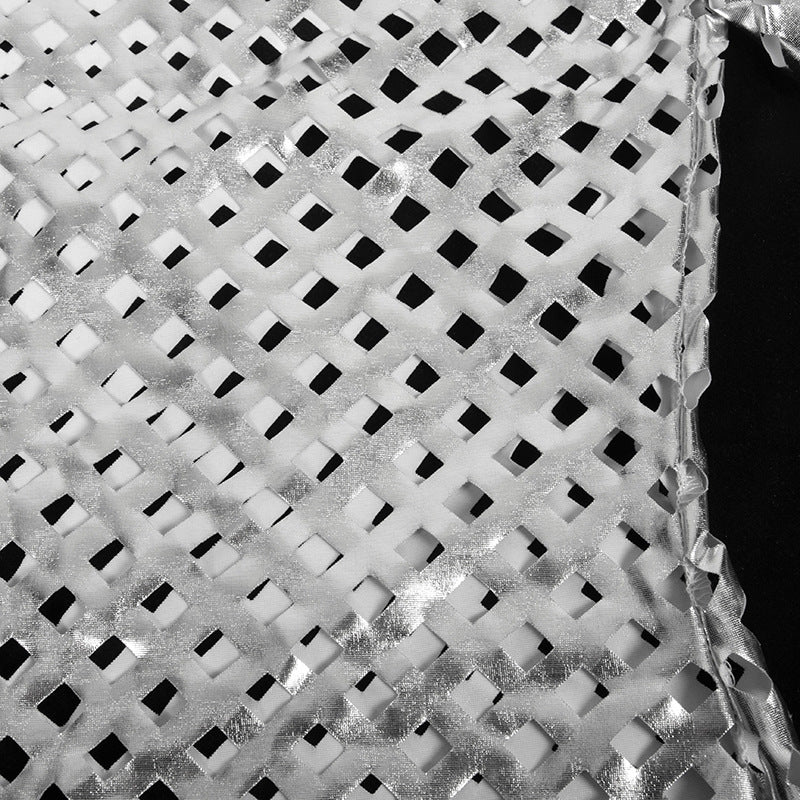 Autumn Solid Color Round Neck Hollow Long Sleeve Glossy Slim Fit Sexy Dress 13