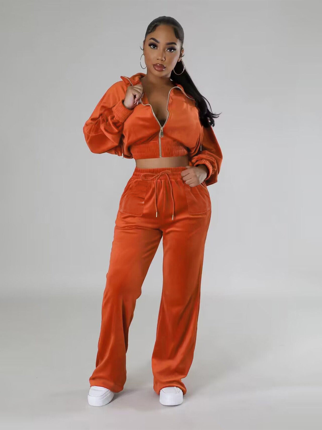 Women Casual Velvet Long Sleeve Zipper Jacket Pants Sports Two-piece Set 4