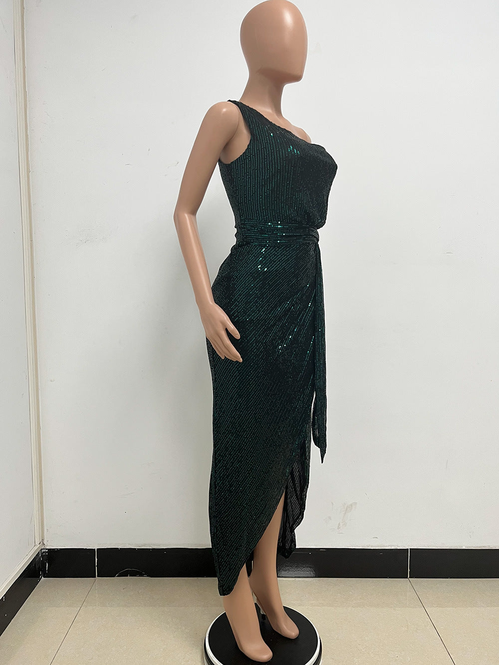 Women's One-Shoulder Lace-Up Sequined Evening Dress 90