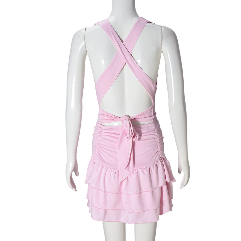 Women Hollow Crop Lace-Up Top and Skirt Two-piece Set 10