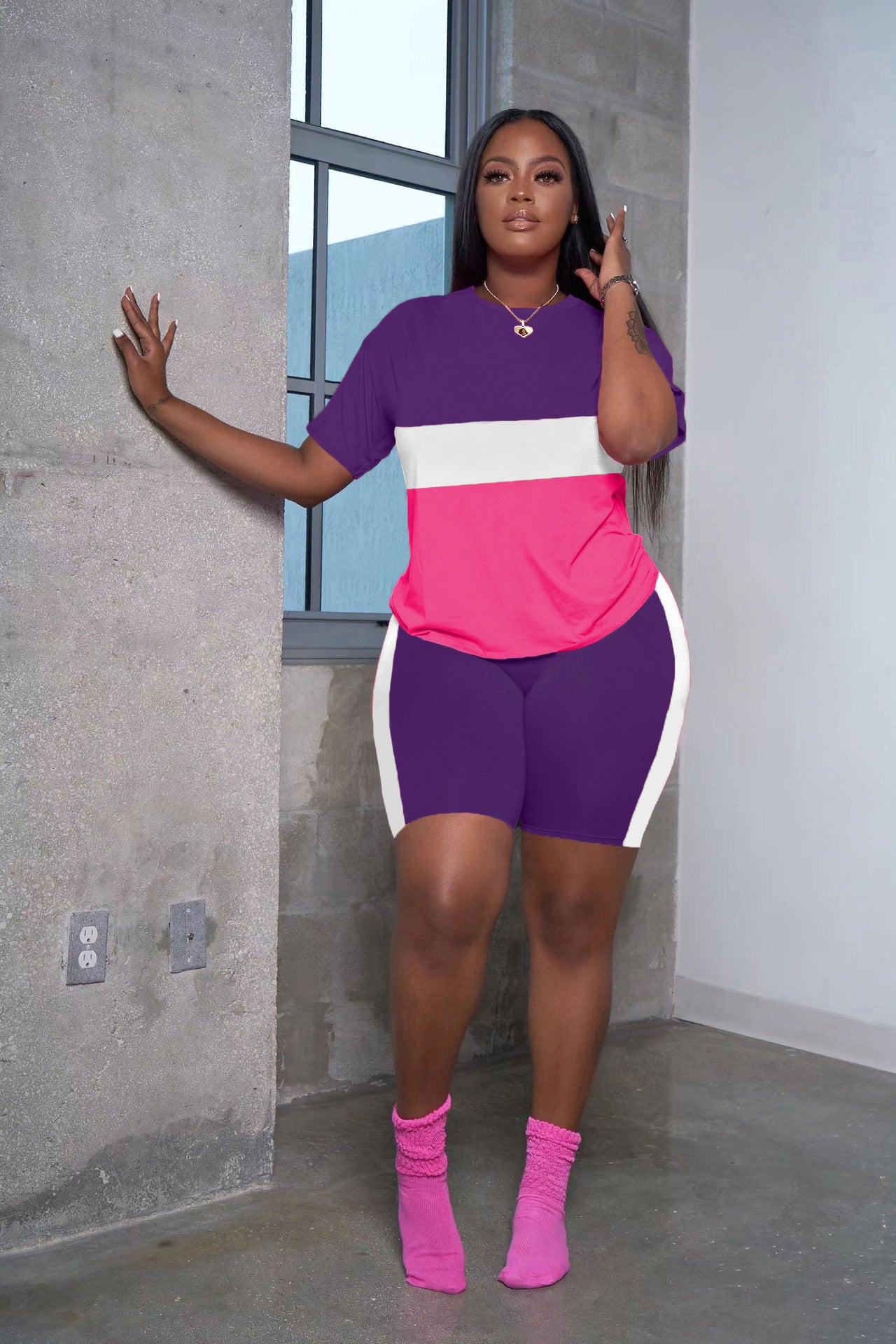 Women Color Block Short Sleeve Top and Shorts Sport Two-Piece Set 3