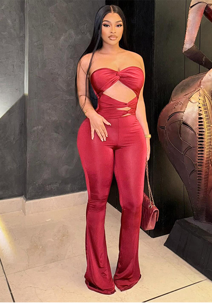 Women's Autumn Solid Color Strapless Sleeveless Hollow-Out Low Back Knot Jumpsuit