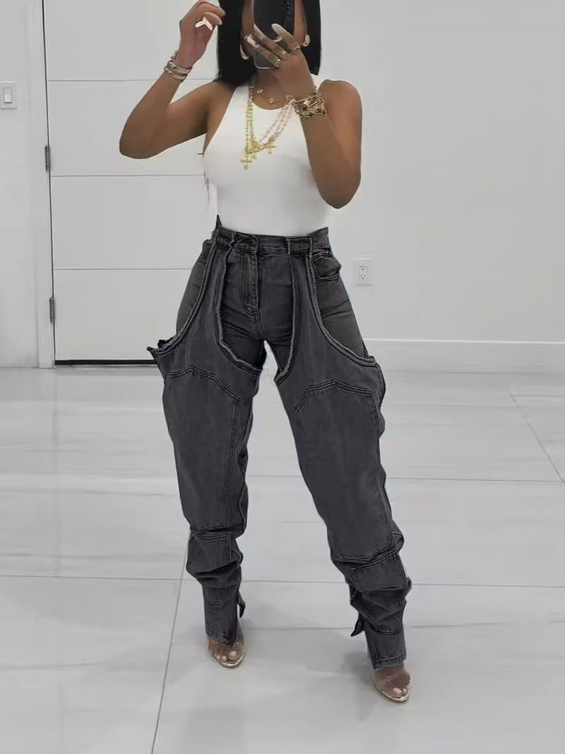 Fashion Irregular Hollow Patchwork Zipper Elastic Denim Jeans 7