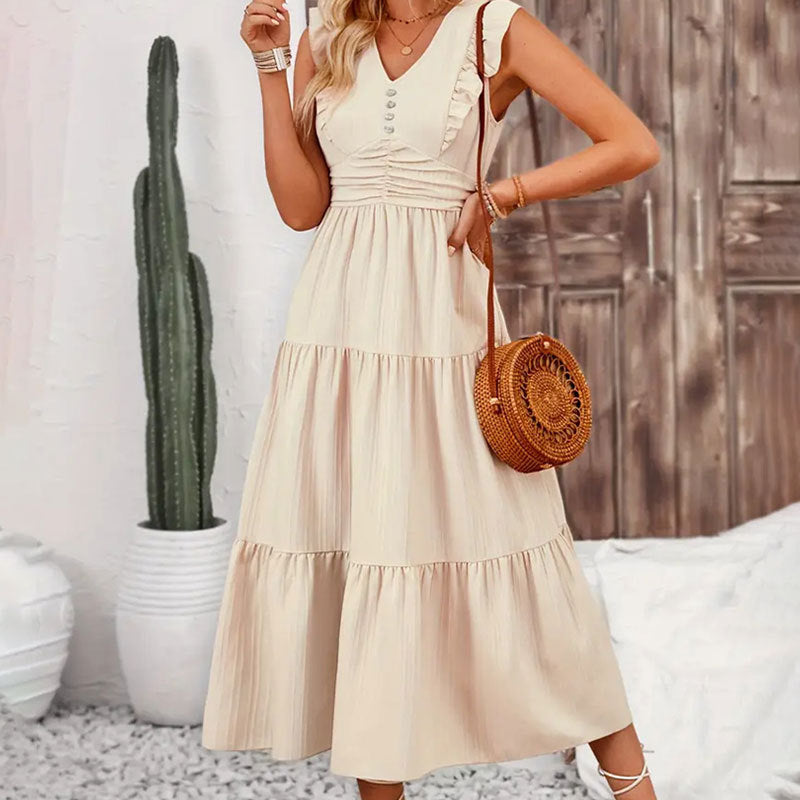 Women Ruffled Solid Jacquard Sleeveless Cascading Ruffles Dress