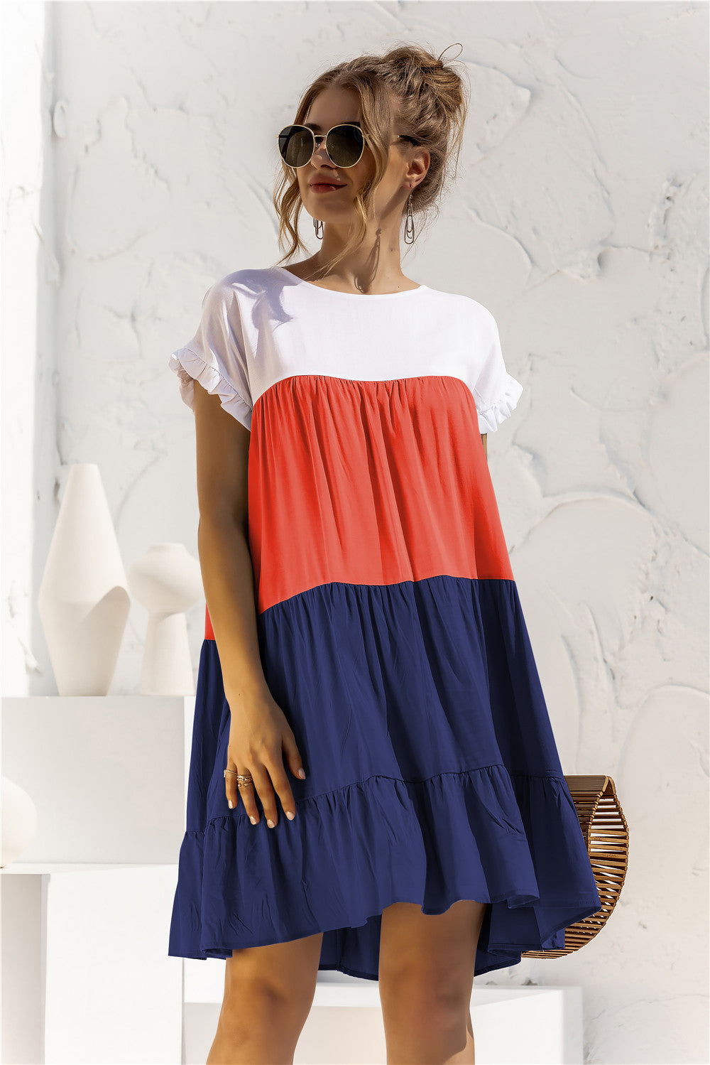 Women Summer Colorblock Loose Short Sleeve Dress 12