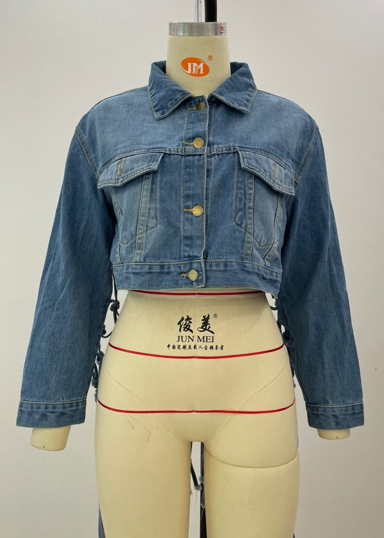 Autumn Casual Blue Loose Medium Long Tassel Denim Jacket 7