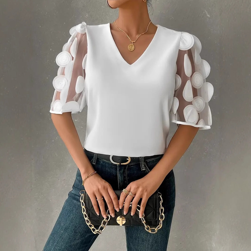 Women Summer Career Solid V-neck Lace Patchwork Short-sleeved Shirt