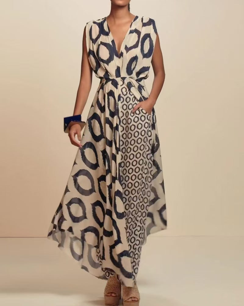 Women Printed Sleeveless V-Neck Lace Top + Pants Two-Piece Set 3