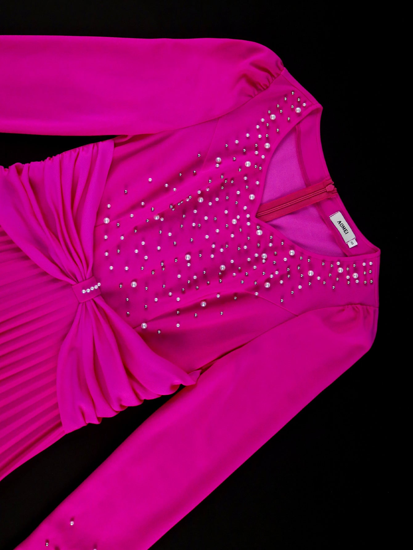 Women beaded v-neck long sleeve pleated party dress 7