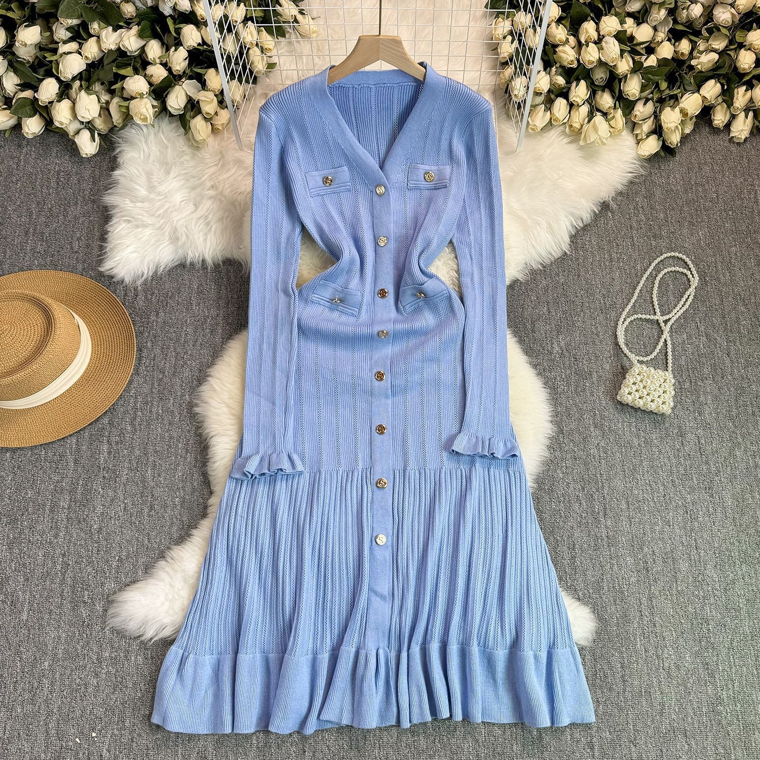 Women Fall/Winter Long-Sleeved V-Neck Ruffled Knitting Dress 10