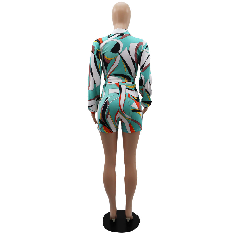 Women Printed Lace-Up Long Sleeve Shirt and Shorts Holidays Two-Piece Set 13