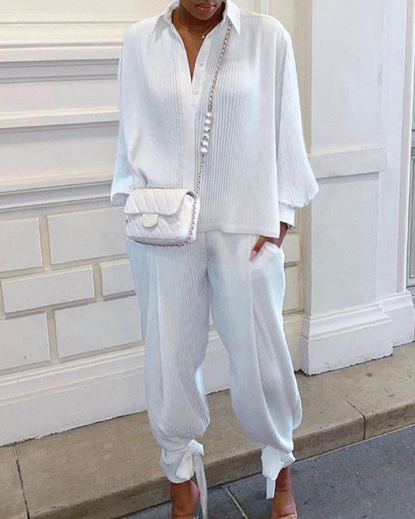 Women Autumn and Winter Solid Lace-Up Loose Ribbed Shirt and Pant Two-piece Set 3